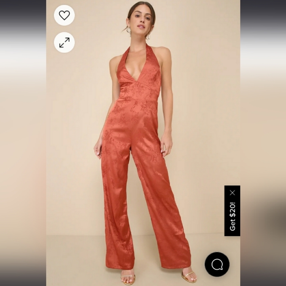 Lulu’s NWT Elegant Aspect Rust Floral Jacquard Halter Wide-Leg Jumpsuit
